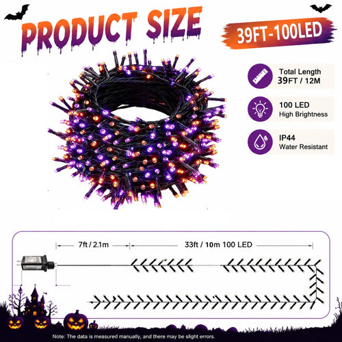 2 packs of Halloween decorative lights, outdoor decorations, 100 LED Halloween plug-in string lights, 39FT long, IP44 splash-proof, suitable for yard, garden, and lawn decoration, with 8 flashing modes for a spooky party atmosphere