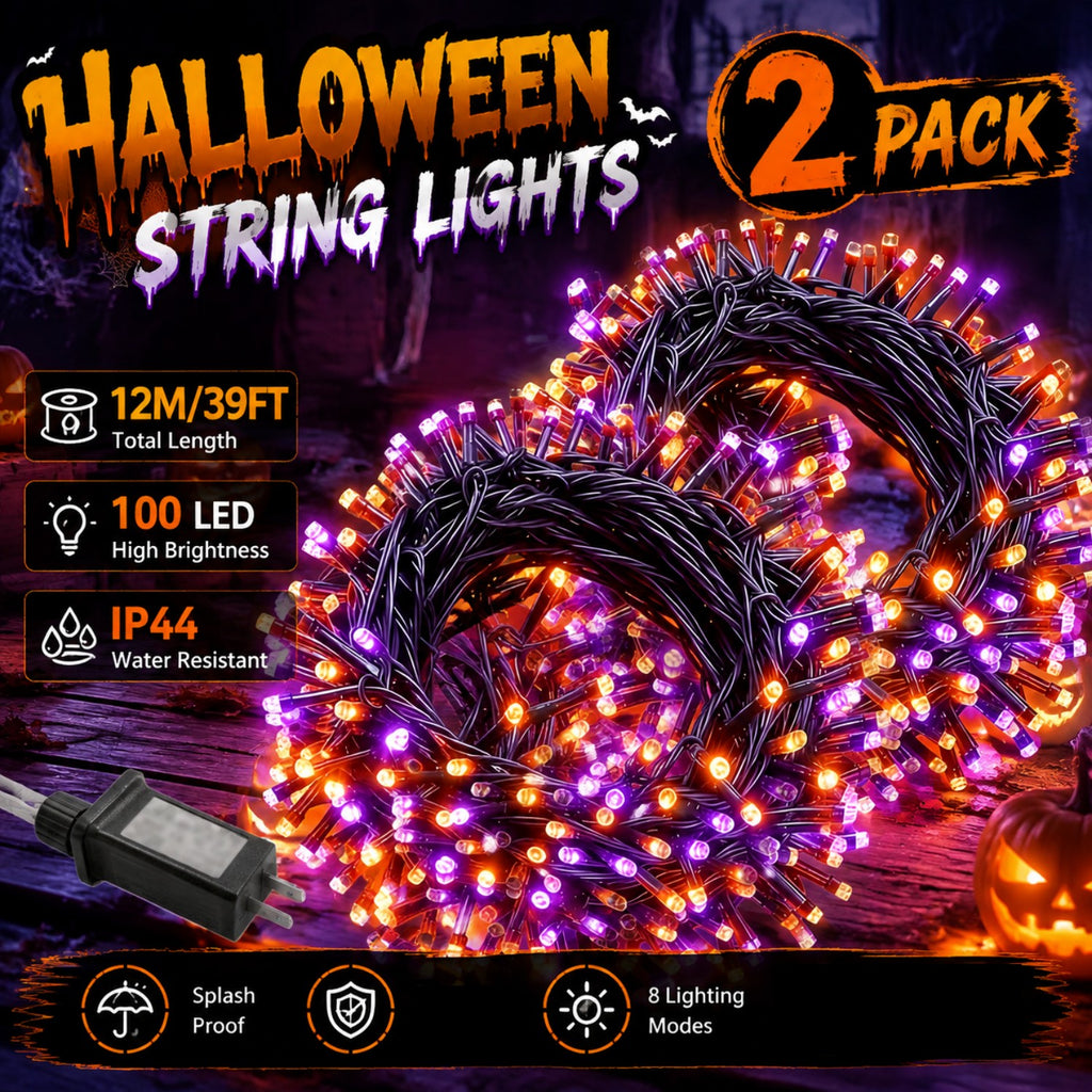 2 packs of Halloween decorative lights, outdoor decorations, 100 LED Halloween plug-in string lights, 39FT long, IP44 splash-proof, suitable for yard, garden, and lawn decoration, with 8 flashing modes for a spooky party atmosphere