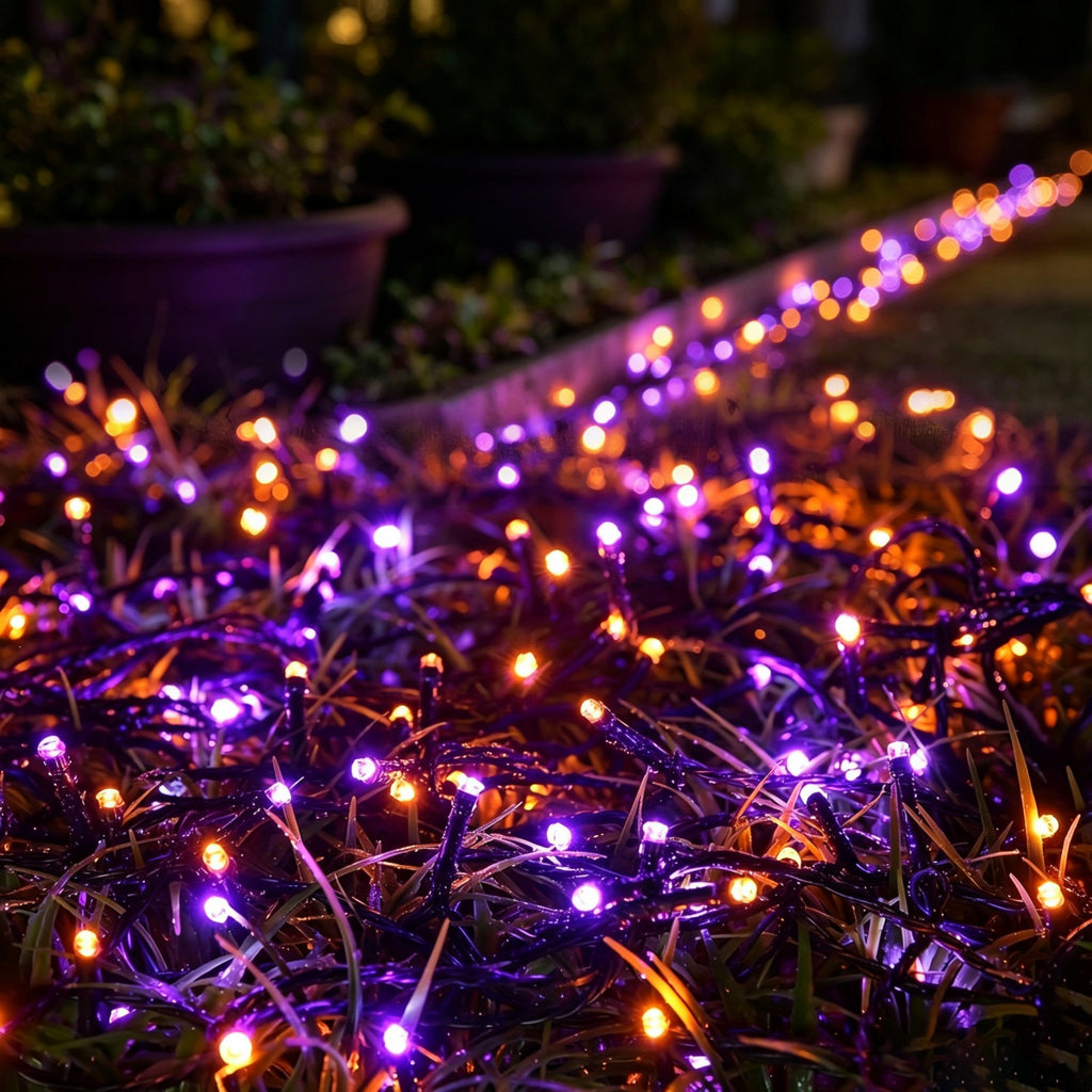 2 packs of Halloween decorative lights, outdoor decorations, 100 LED Halloween plug-in string lights, 39FT long, IP44 splash-proof, suitable for yard, garden, and lawn decoration, with 8 flashing modes for a spooky party atmosphere