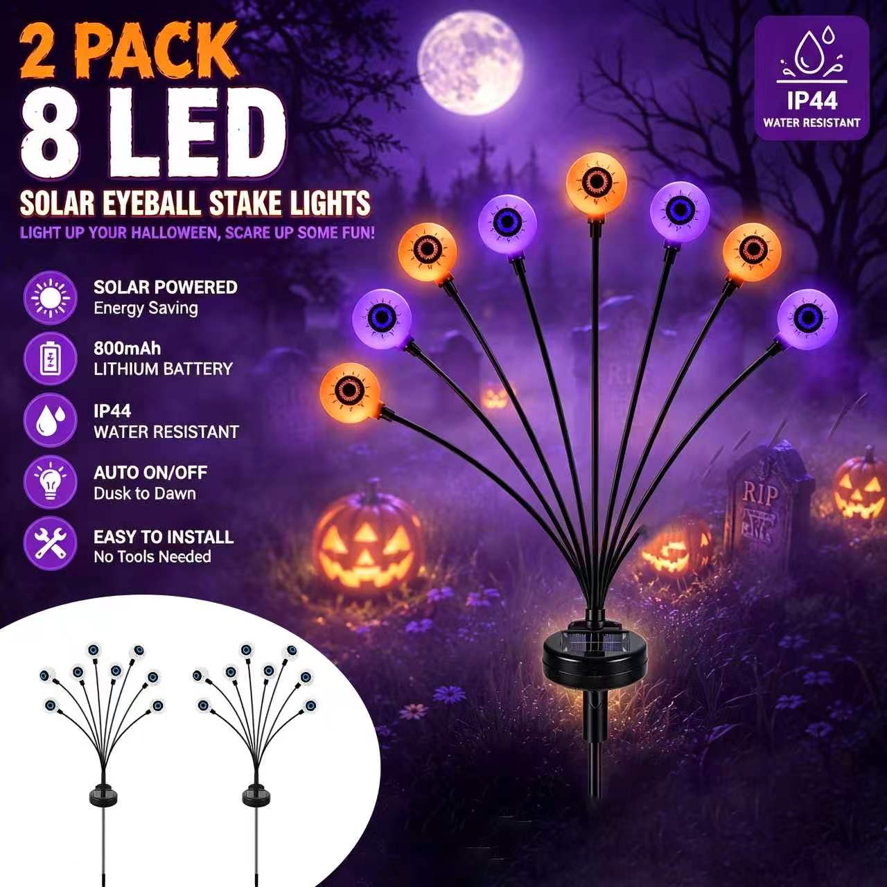 Halloween solar outdoor decoration lights, 8 eyeball lights, ghost eye lights, solar ground stake lights, IP44 outdoor splash-proof design, flickering light design, orange and purple, perfect for spooky atmosphere decoration, outdoor yard decoration
