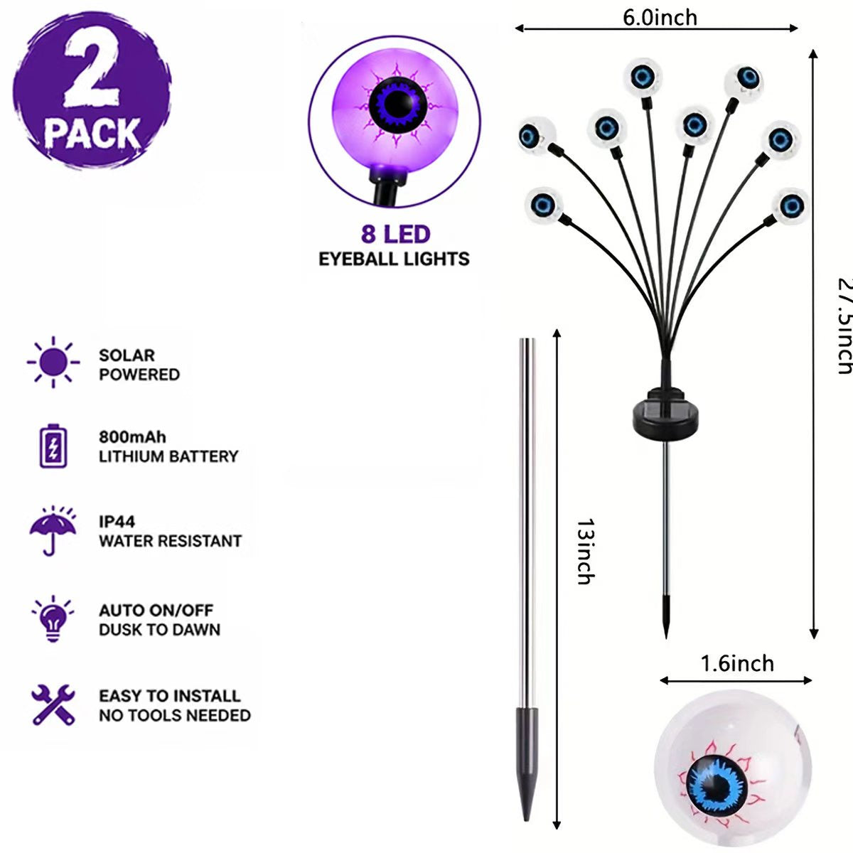 Halloween solar outdoor decoration lights, 8 eyeball lights, ghost eye lights, solar ground stake lights, IP44 outdoor splash-proof design, flickering light design, orange and purple, perfect for spooky atmosphere decoration, outdoor yard decoration