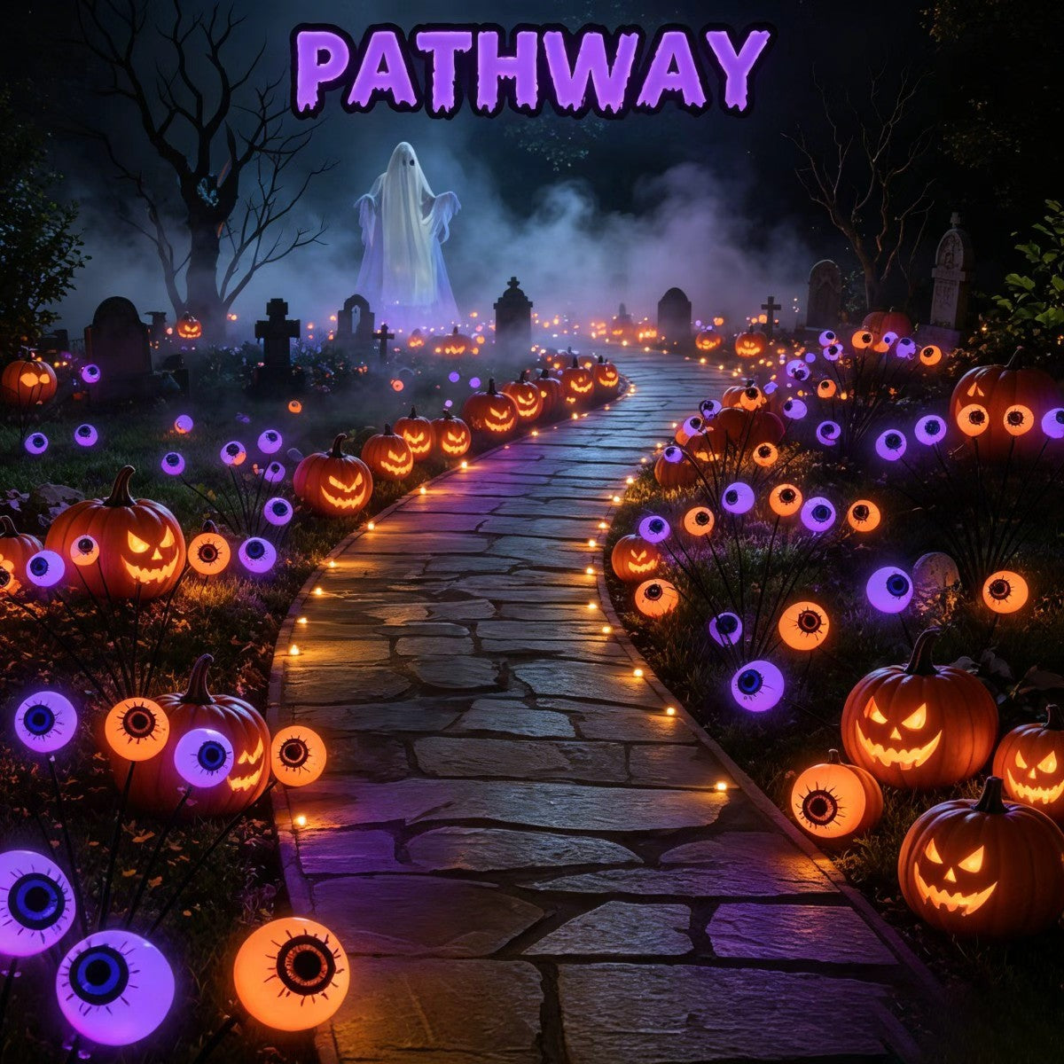 Halloween solar outdoor decoration lights, 8 eyeball lights, ghost eye lights, solar ground stake lights, IP44 outdoor splash-proof design, flickering light design, orange and purple, perfect for spooky atmosphere decoration, outdoor yard decoration