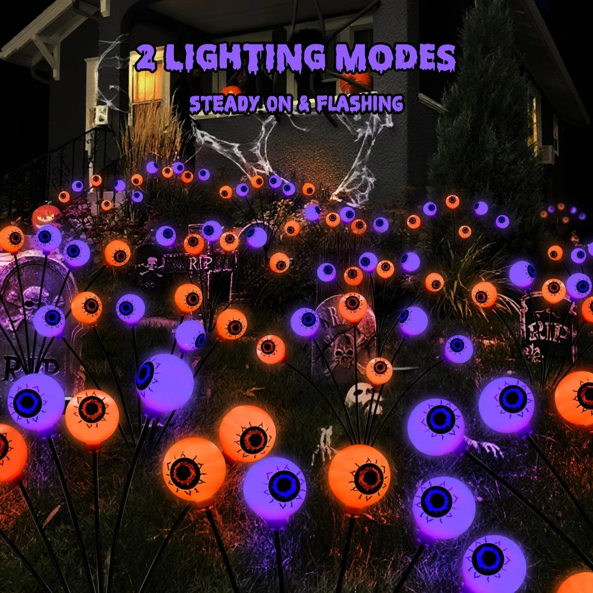 Halloween solar outdoor decoration lights, 8 eyeball lights, ghost eye lights, solar ground stake lights, IP44 outdoor splash-proof design, flickering light design, orange and purple, perfect for spooky atmosphere decoration, outdoor yard decoration