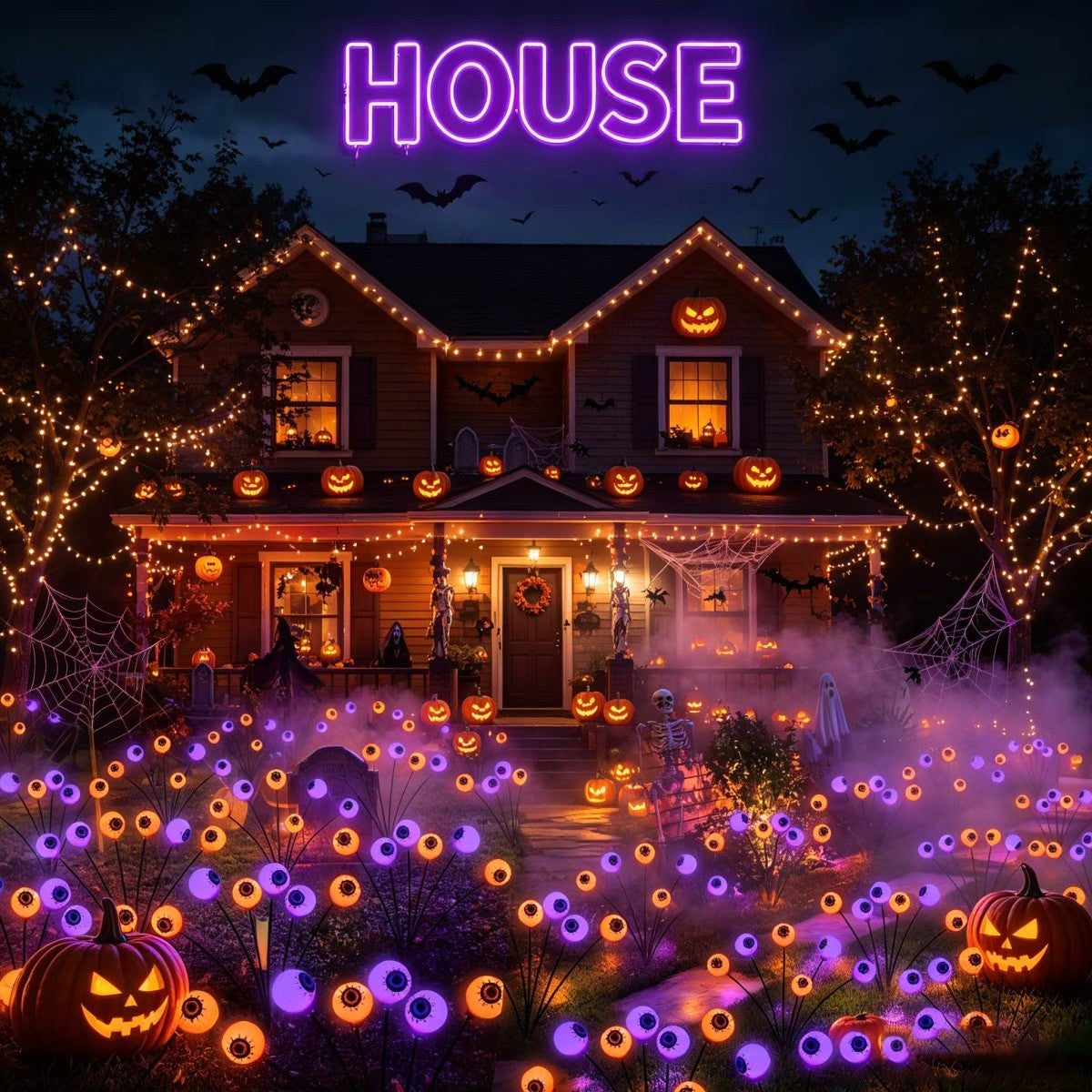 Halloween solar outdoor decoration lights, 8 eyeball lights, ghost eye lights, solar ground stake lights, IP44 outdoor splash-proof design, flickering light design, orange and purple, perfect for spooky atmosphere decoration, outdoor yard decoration