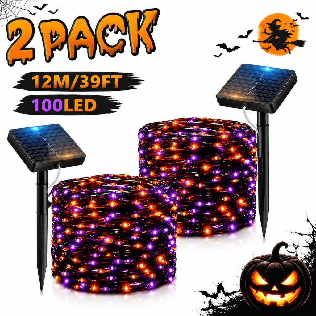 2 packs of solar Halloween string lights, festive decoration lights, orange and purple (100 LEDs per pack) - outdoor decoration, IP65 splash-proof design, suitable for yards, pathways, patios, flower beds, camping, parties