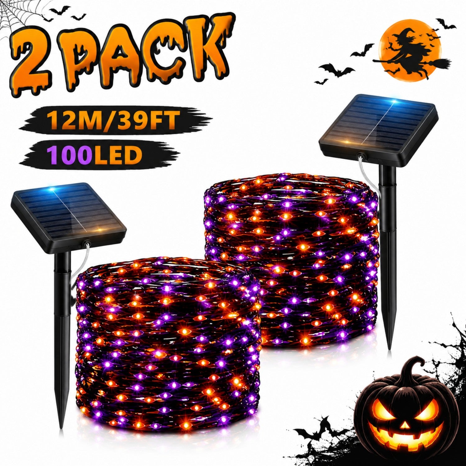 2 packs of solar Halloween string lights, festive decoration lights, orange and purple (100 LEDs per pack) - outdoor decoration, IP65 splash-proof design, suitable for yards, pathways, patios, flower beds, camping, parties
