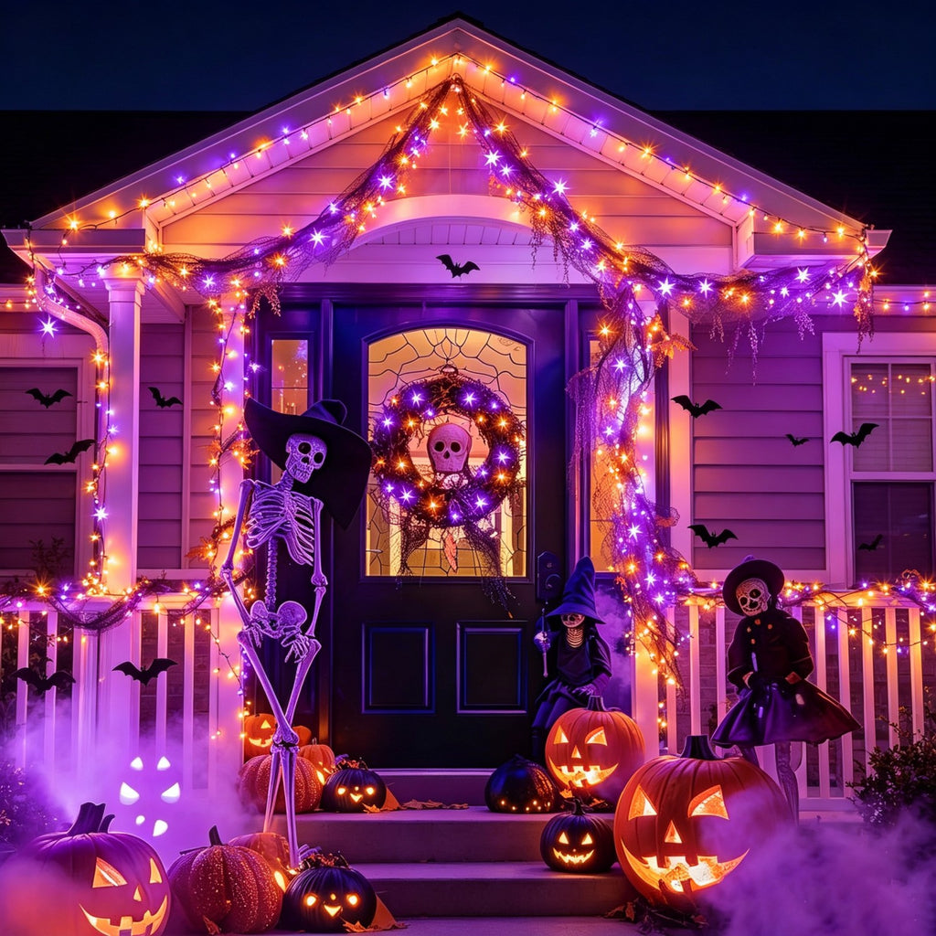 2 packs of solar Halloween string lights, festive decoration lights, orange and purple (100 LEDs per pack) - outdoor decoration, IP65 splash-proof design, suitable for yards, pathways, patios, flower beds, camping, parties