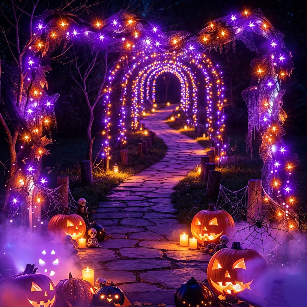 2 packs of solar Halloween string lights, festive decoration lights, orange and purple (100 LEDs per pack) - outdoor decoration, IP65 splash-proof design, suitable for yards, pathways, patios, flower beds, camping, parties