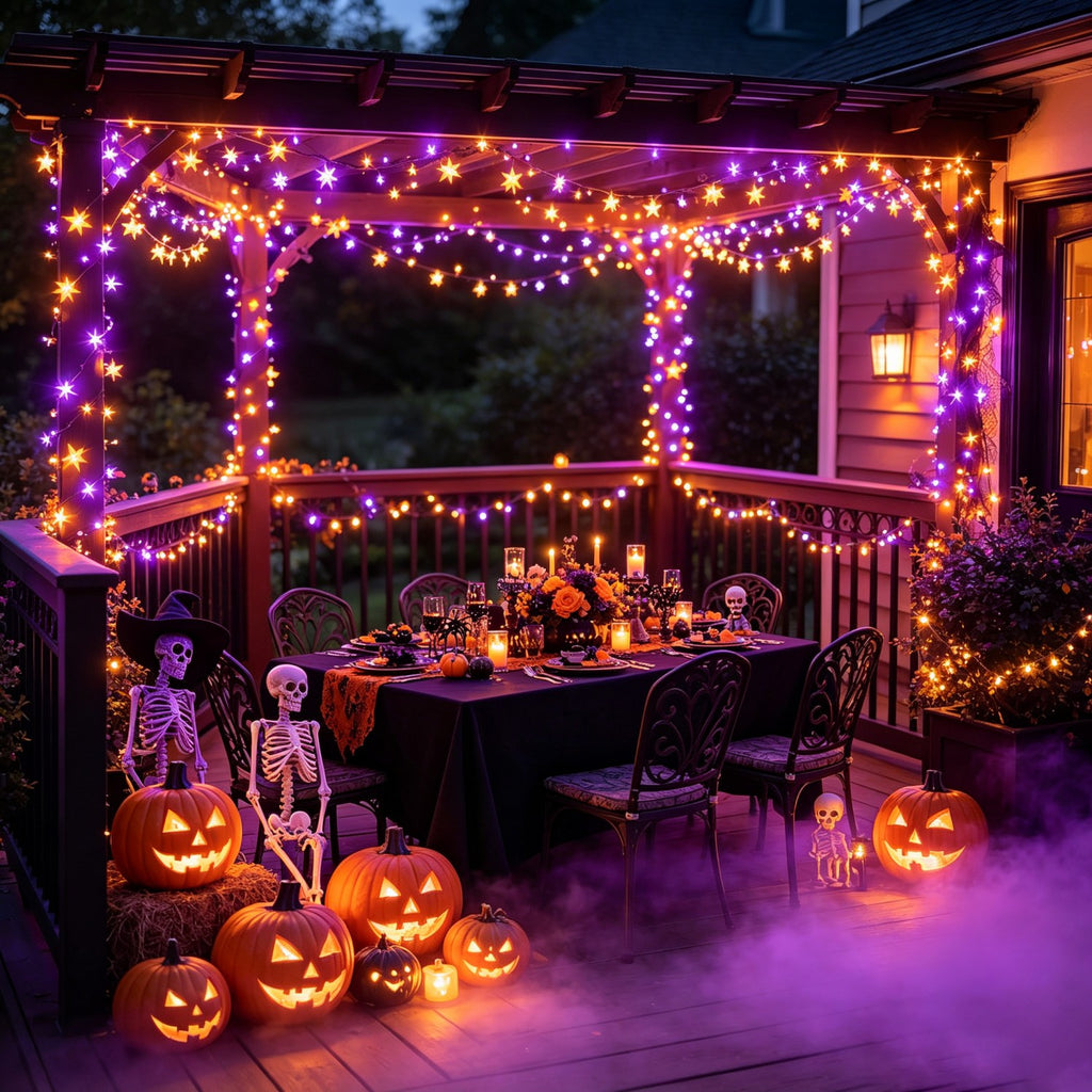 2 packs of solar Halloween string lights, festive decoration lights, orange and purple (100 LEDs per pack) - outdoor decoration, IP65 splash-proof design, suitable for yards, pathways, patios, flower beds, camping, parties