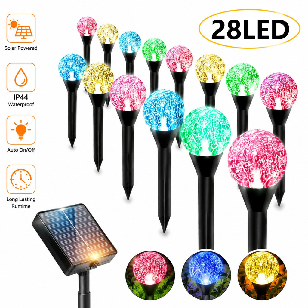 28 LED outdoor solar lawn lights, IP44 outdoor splash-proof, ground stake lights, light-sensitive switch, perfect for guiding pathways, decorative light strings for yards, gardens, and lawn paths, suitable for trails, camping, parties, and weddings