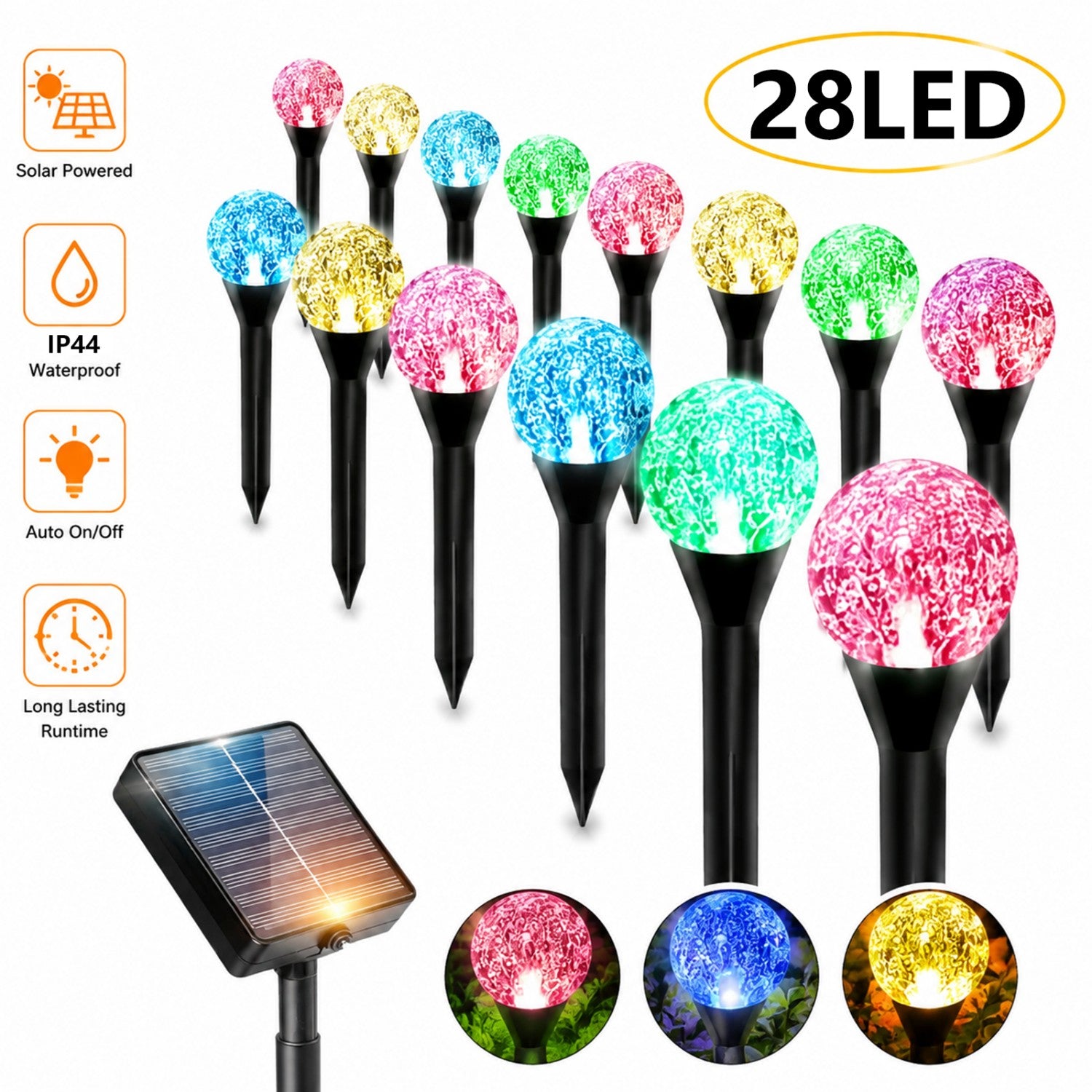 28 LED outdoor solar lawn lights, IP44 outdoor splash-proof, ground stake lights, light-sensitive switch, perfect for guiding pathways, decorative light strings for yards, gardens, and lawn paths, suitable for trails, camping, parties, and weddings