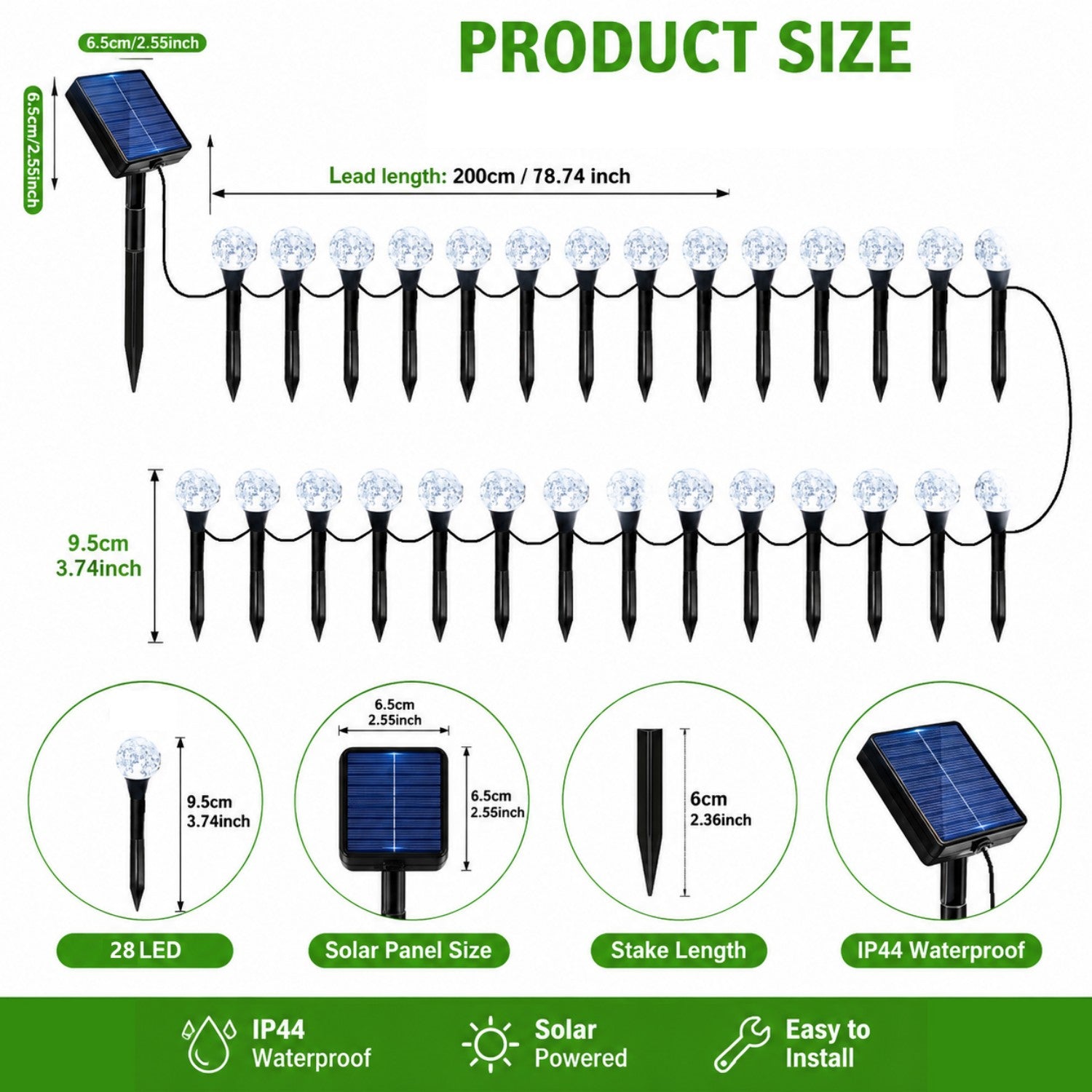 28 LED outdoor solar lawn lights, IP44 outdoor splash-proof, ground stake lights, light-sensitive switch, perfect for guiding pathways, decorative light strings for yards, gardens, and lawn paths, suitable for trails, camping, parties, and weddings