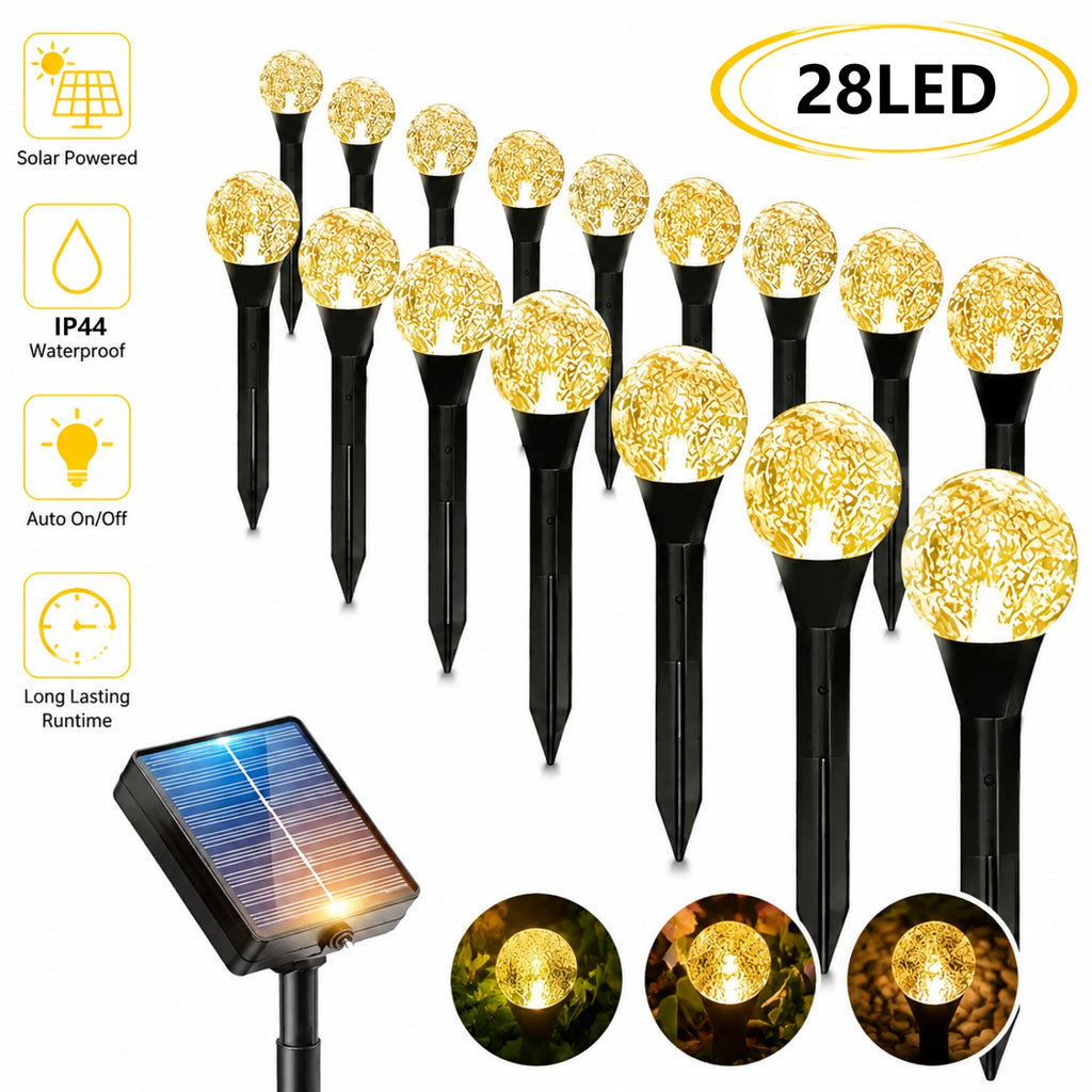 28 LED outdoor solar lawn lights, IP44 outdoor splash-proof, ground stake lights, light-sensitive switch, perfect for guiding pathways, decorative light strings for yards, gardens, and lawn paths, suitable for trails, camping, parties, and weddings