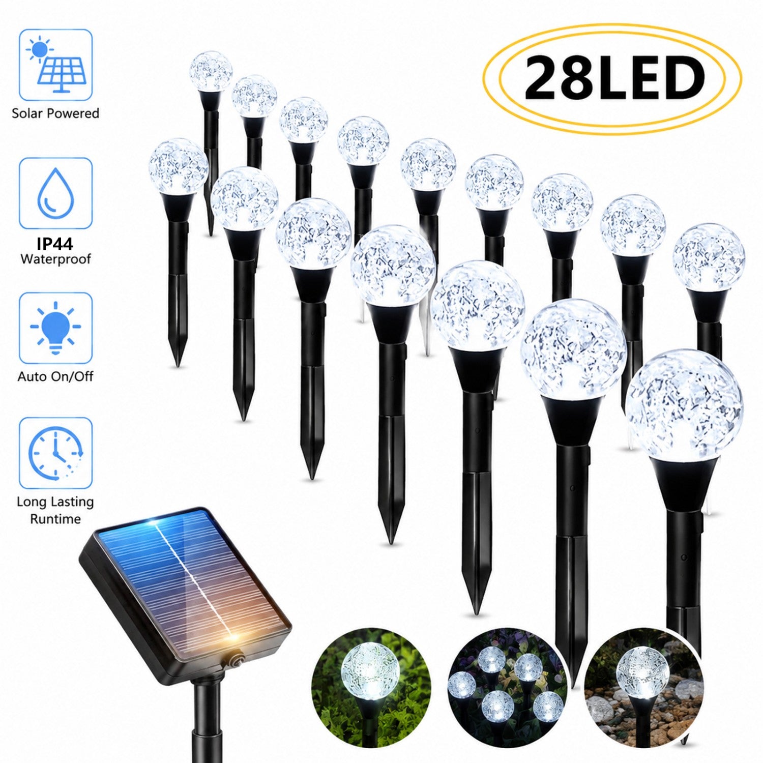28 LED outdoor solar lawn lights, IP44 outdoor splash-proof, ground stake lights, light-sensitive switch, perfect for guiding pathways, decorative light strings for yards, gardens, and lawn paths, suitable for trails, camping, parties, and weddings