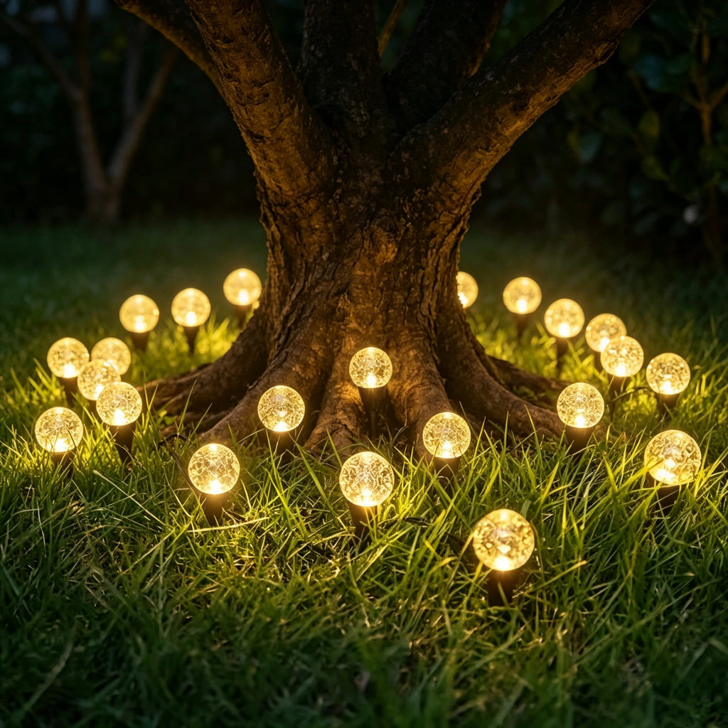28 LED outdoor solar lawn lights, IP44 outdoor splash-proof, ground stake lights, light-sensitive switch, perfect for guiding pathways, decorative light strings for yards, gardens, and lawn paths, suitable for trails, camping, parties, and weddings