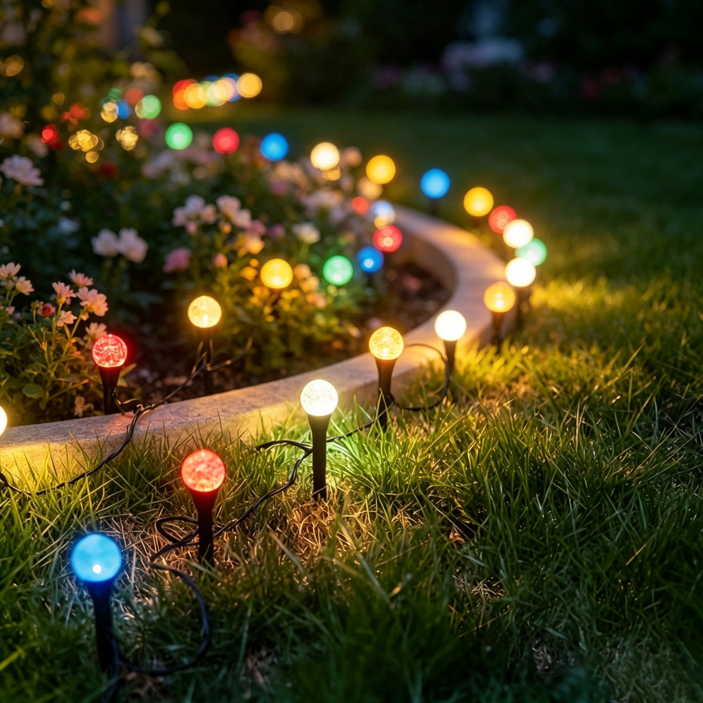 28 LED outdoor solar lawn lights, IP44 outdoor splash-proof, ground stake lights, light-sensitive switch, perfect for guiding pathways, decorative light strings for yards, gardens, and lawn paths, suitable for trails, camping, parties, and weddings