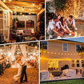 ST38 outdoor patio LED string lights with shatterproof clear bulbs. 100 feet - 25 bulbs. Perfect for decorating garden porches, rooms, birthday parties, backyard pergola lighting, and Easter decorations. IP44