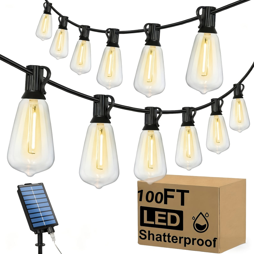 ST38 outdoor patio LED string lights with shatterproof clear bulbs. 100 feet - 25 bulbs. Perfect for decorating garden porches, rooms, birthday parties, backyard pergola lighting, and Easter decorations. IP44