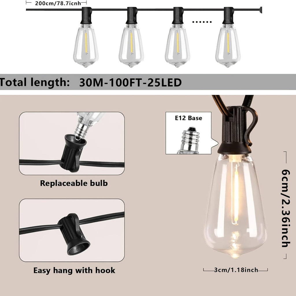 ST38 outdoor patio LED string lights with shatterproof clear bulbs. 100 feet - 25 bulbs. Perfect for decorating garden porches, rooms, birthday parties, backyard pergola lighting, and Easter decorations. IP44