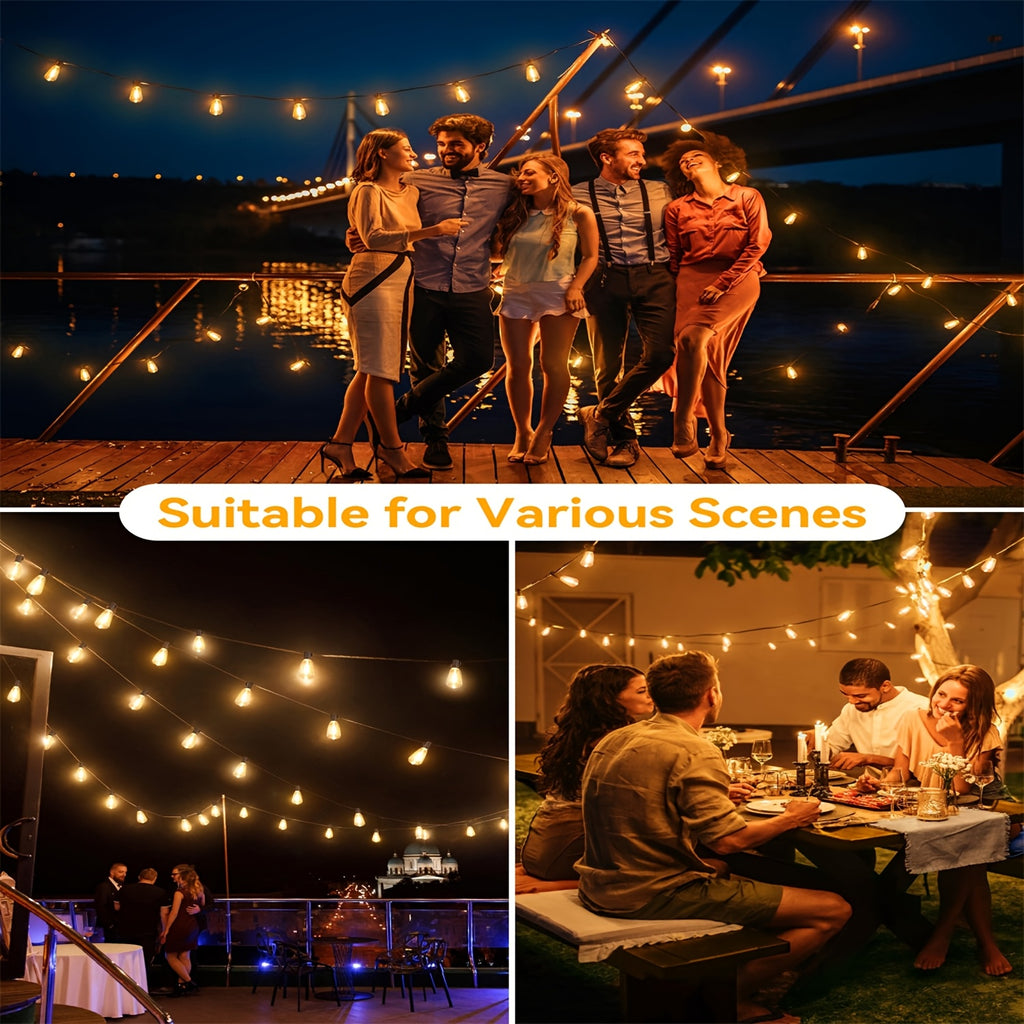 ST38 outdoor patio LED string lights with shatterproof clear bulbs. 100 feet - 25 bulbs. Perfect for decorating garden porches, rooms, birthday parties, backyard pergola lighting, and Easter decorations. IP44