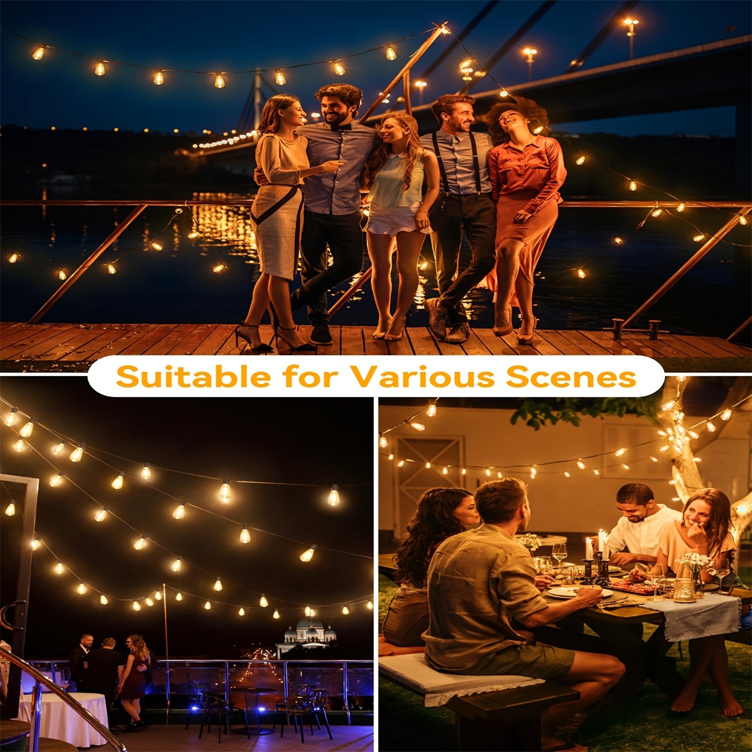 ST38 outdoor patio LED string lights with shatterproof clear bulbs. 100 feet - 25 bulbs. Perfect for decorating garden porches, rooms, birthday parties, backyard pergola lighting, and Easter decorations. IP44