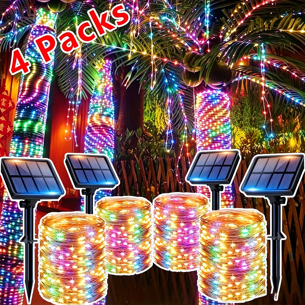 Outdoor Solar String Light Set (4 Pack, 472.44 Inches per Pack with 100 LED Bulbs), IP44 Rated, 8 Lighting Modes, Ideal for Villas, Parties, Trees, Gardens, Ramadan, Valentine's Day, Christmas and Wedding Decorations