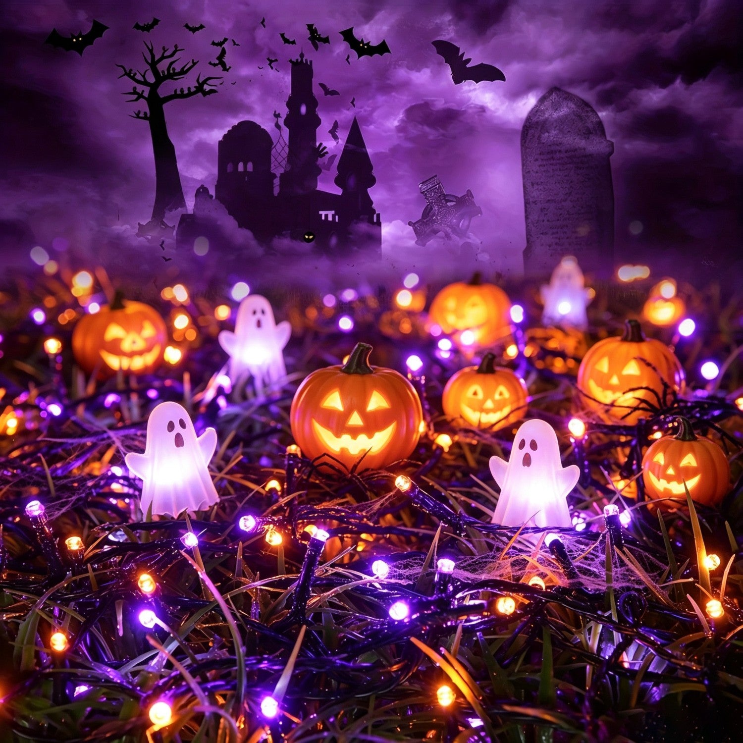 2 packs of Halloween decorative lights, outdoor decorations, 100 LED Halloween plug-in string lights, 39FT long, IP44 splash-proof, suitable for yard, garden, and lawn decoration, with 8 flashing modes for a spooky party atmosphere